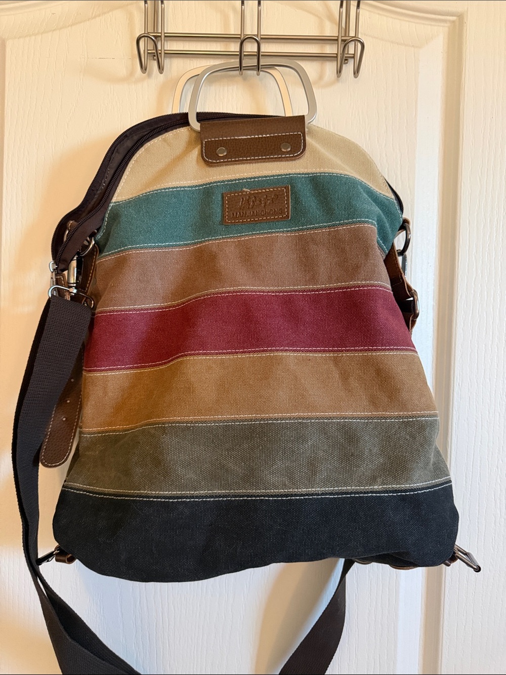 Striped Canvas Crossbody Bag with Leather Trim - Multicolor